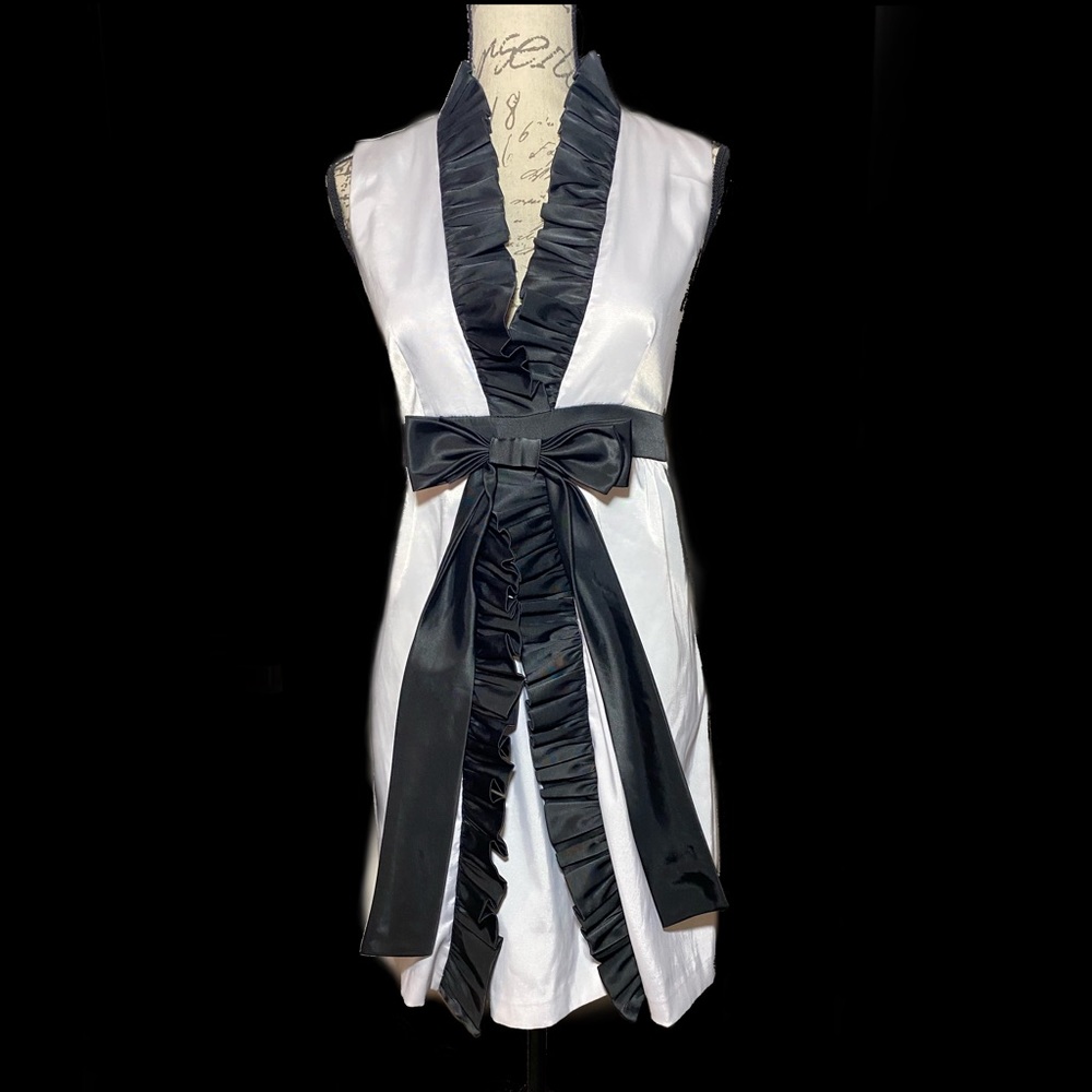 Ryu Satin Ruffled Dress with Front Ribbon Size S Black White - Picture 2 of 6
